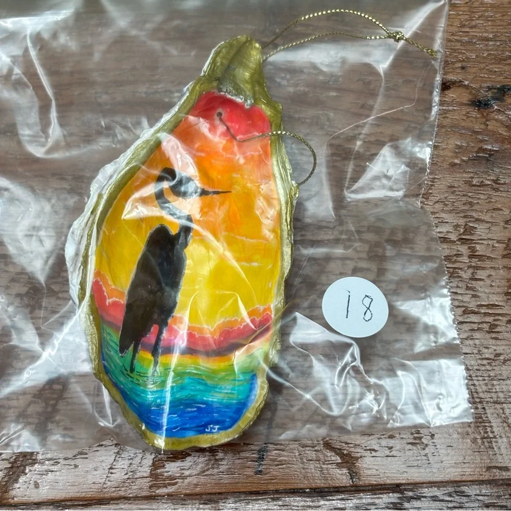 Hand-Painted Egret Oyster Shell Ornament